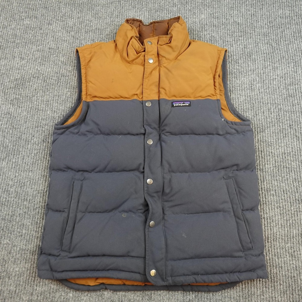 Patagonia Men's Two-Tone Puffer Vest in Mustard and Charcoal